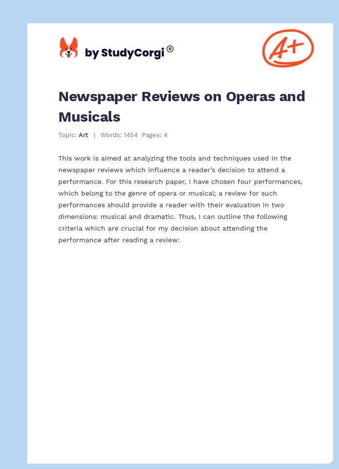 Newspaper Reviews on Operas and Musicals. Page 1
