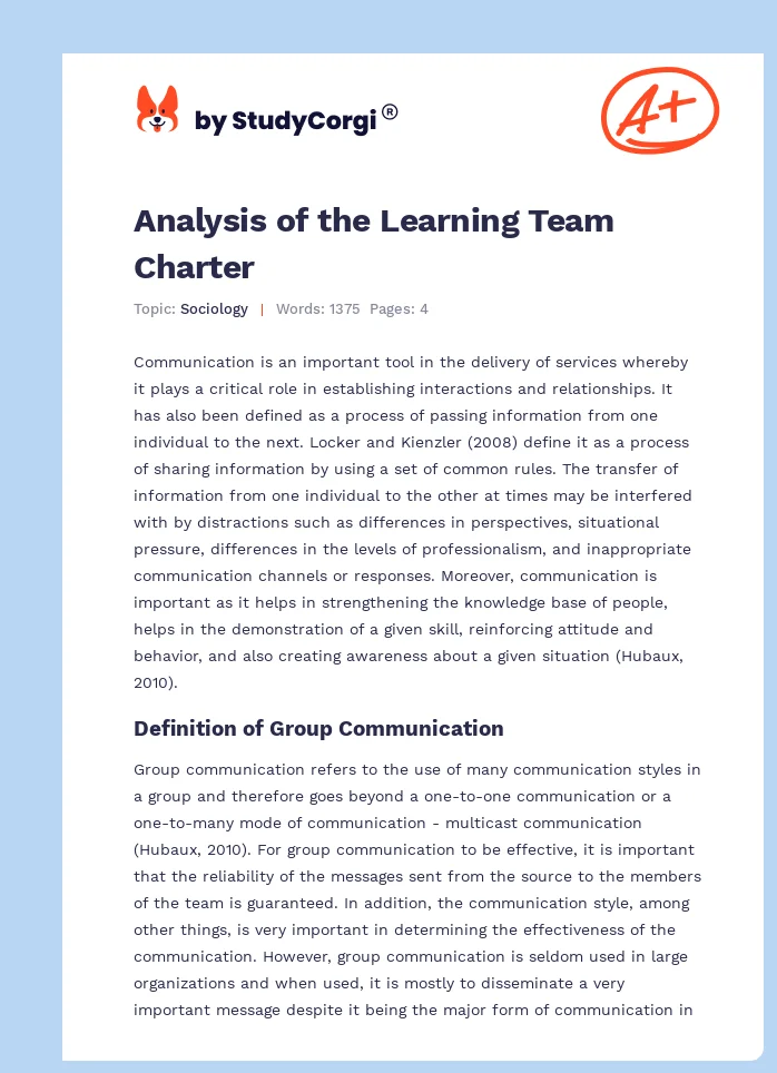Analysis of the Learning Team Charter. Page 1