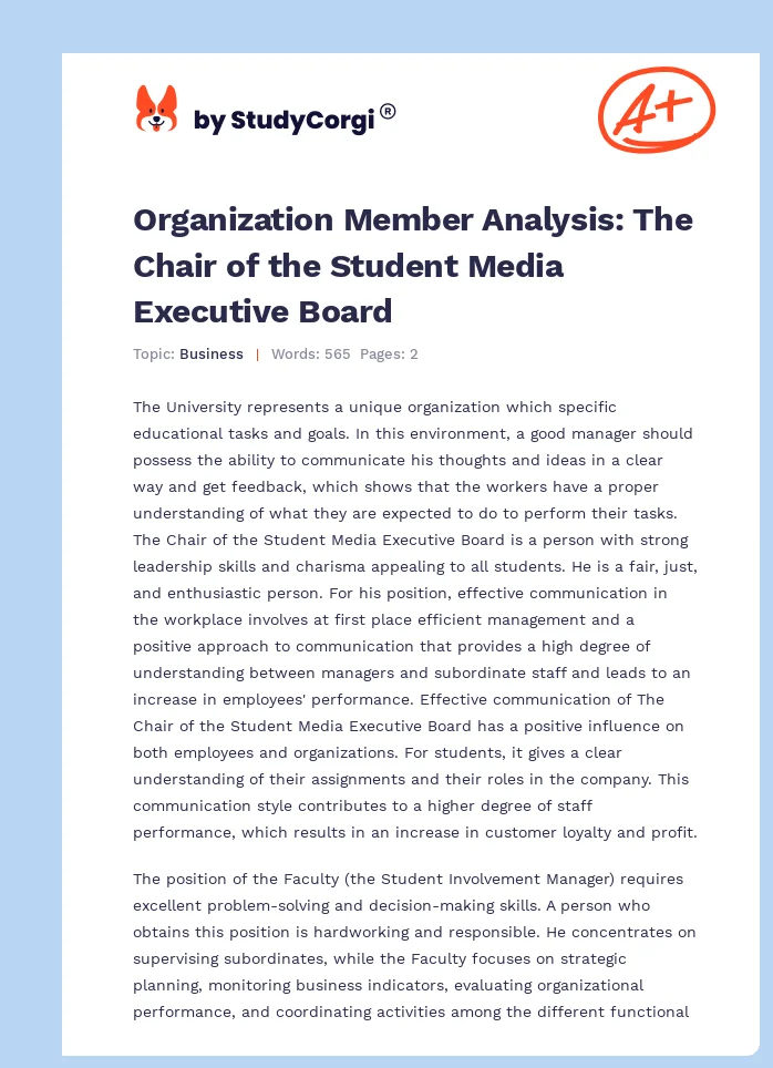 Organization Member Analysis: The Chair of the Student Media Executive Board. Page 1