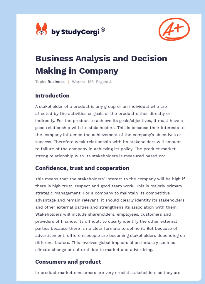 Business Analysis and Decision Making in Company. Page 1