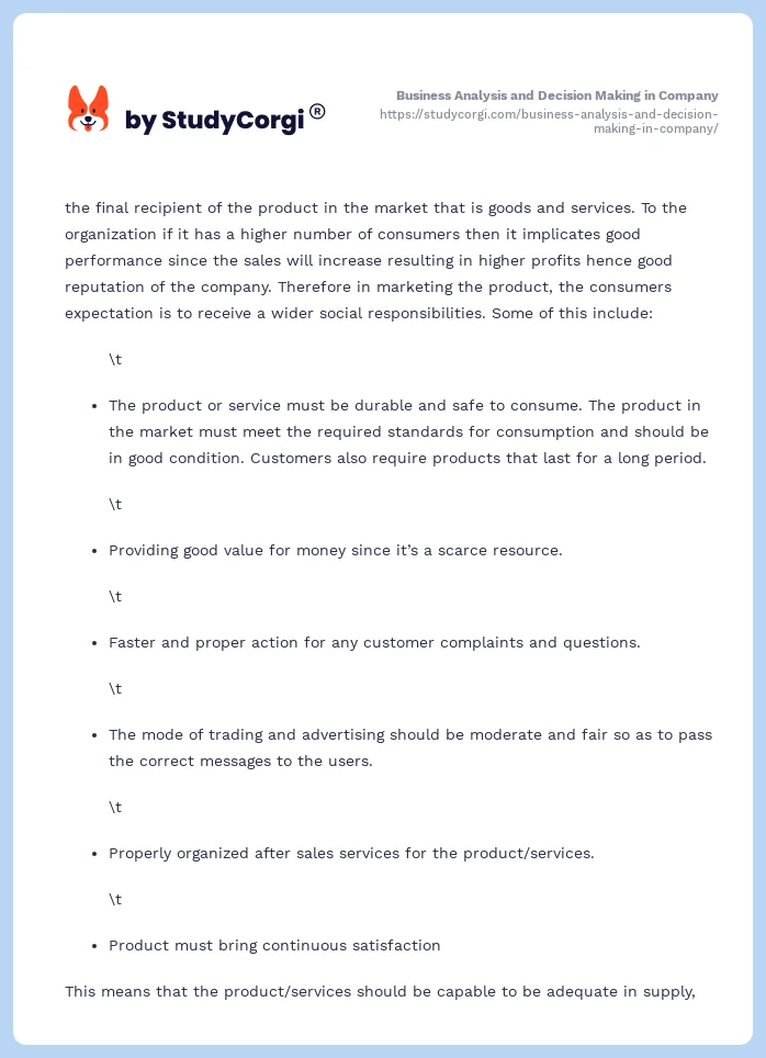 Business Analysis and Decision Making in Company. Page 2