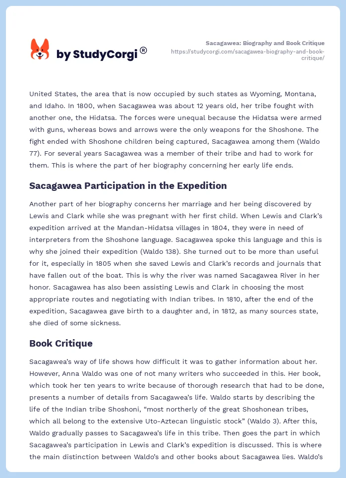 Sacagawea: Biography and Book Critique. Page 2