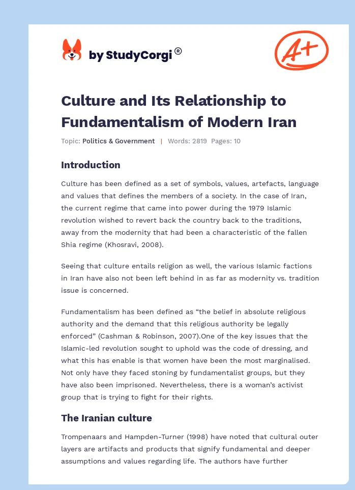 Culture and Its Relationship to Fundamentalism of Modern Iran. Page 1