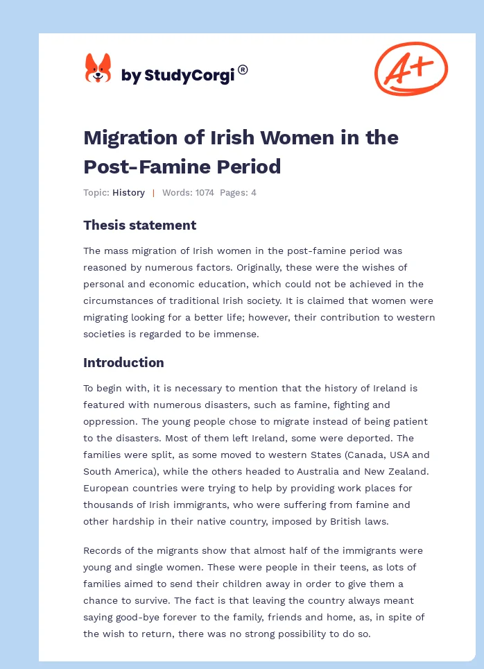Migration of Irish Women in the Post-Famine Period. Page 1
