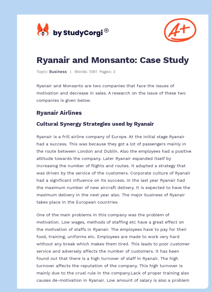 Ryanair and Monsanto: Case Study. Page 1