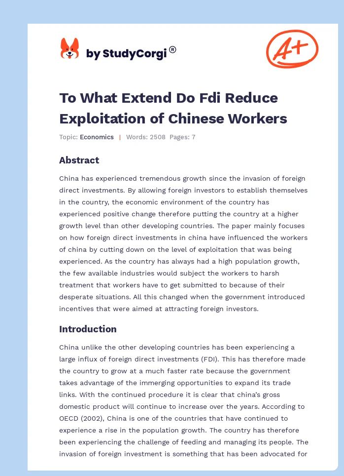 To What Extend Do Fdi Reduce Exploitation of Chinese Workers. Page 1