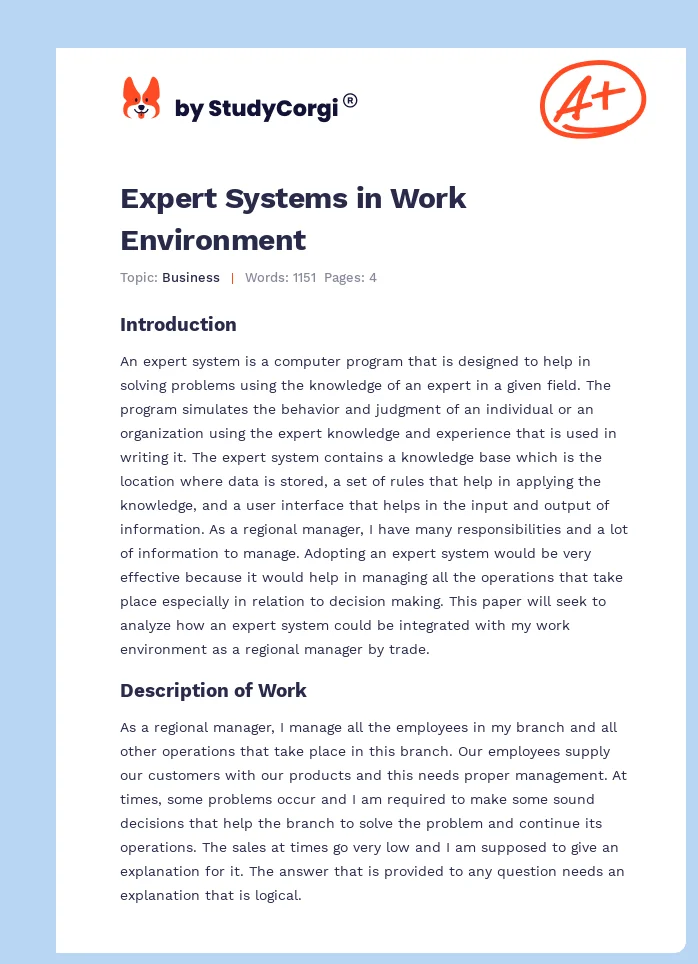 Expert Systems in Work Environment. Page 1