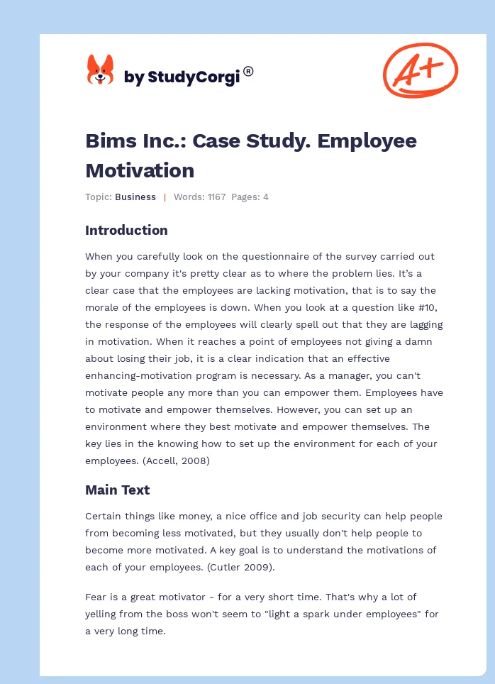Bims Inc.: Case Study. Employee Motivation. Page 1