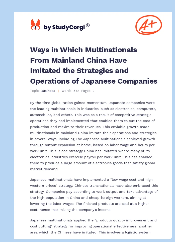Ways in Which Multinationals From Mainland China Have Imitated the Strategies and Operations of Japanese Companies. Page 1
