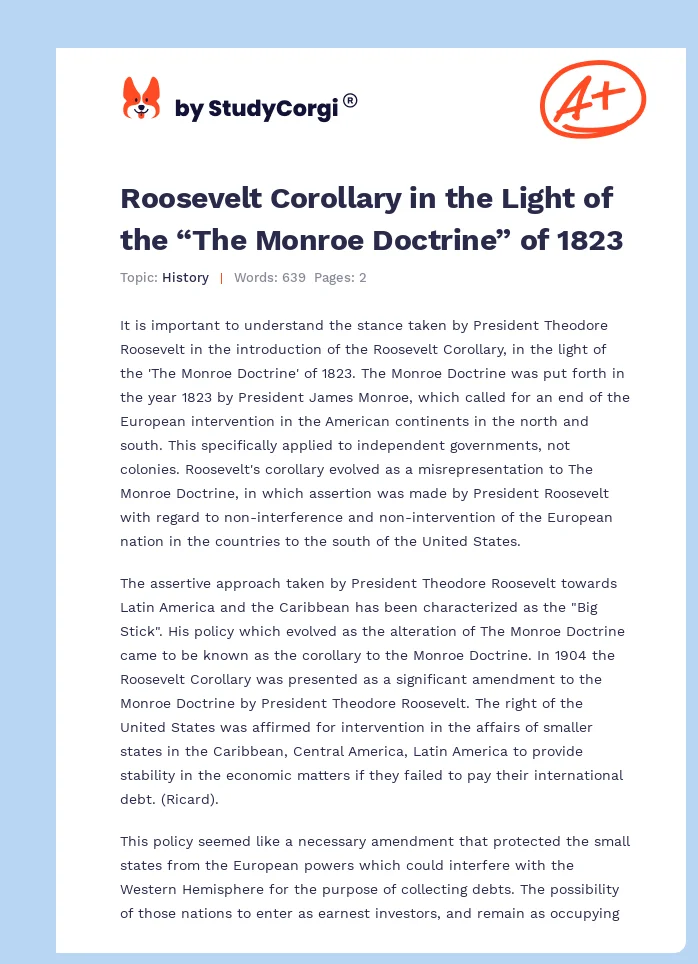 Roosevelt Corollary in the Light of the “The Monroe Doctrine” of 1823. Page 1