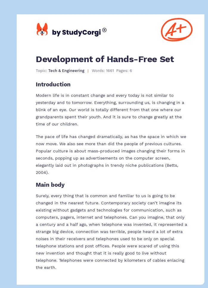 Development of Hands-Free Set. Page 1