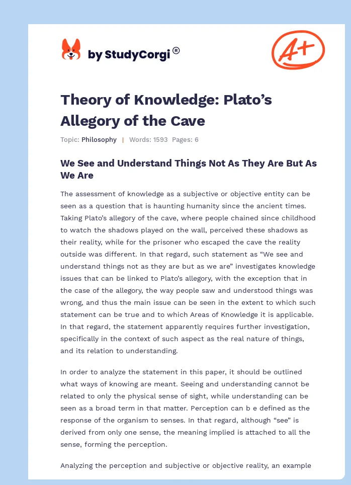 Theory of Knowledge: Plato’s Allegory of the Cave. Page 1