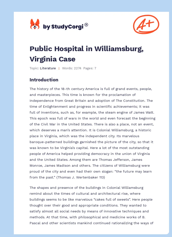 Public Hospital in Williamsburg, Virginia Case. Page 1