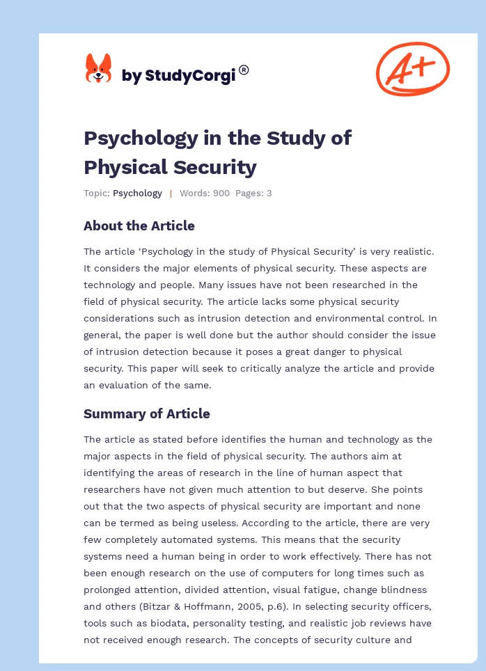 Psychology in the Study of Physical Security. Page 1