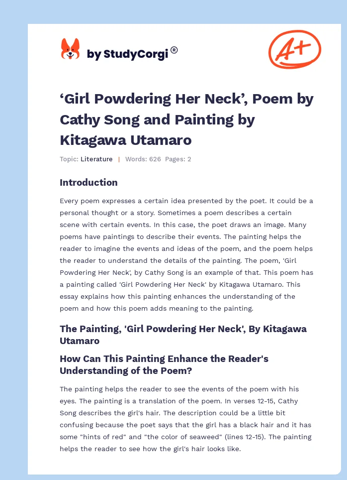 ‘Girl Powdering Her Neck’, Poem by Cathy Song and Painting by Kitagawa Utamaro. Page 1