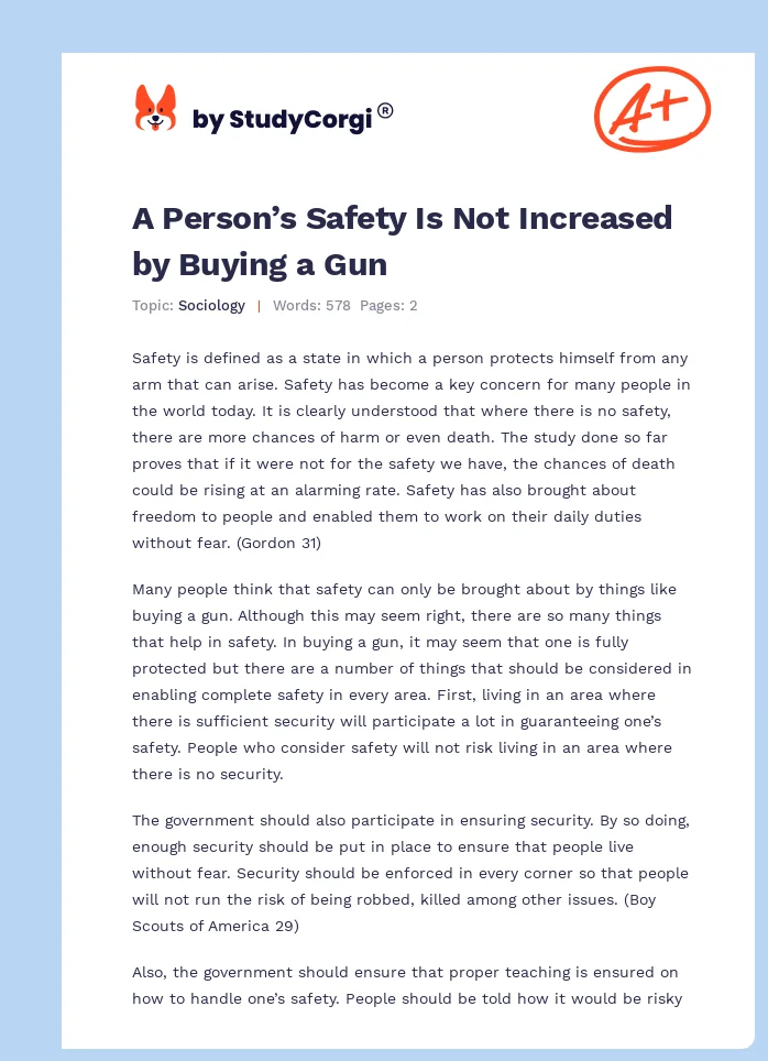 A Person’s Safety Is Not Increased by Buying a Gun. Page 1