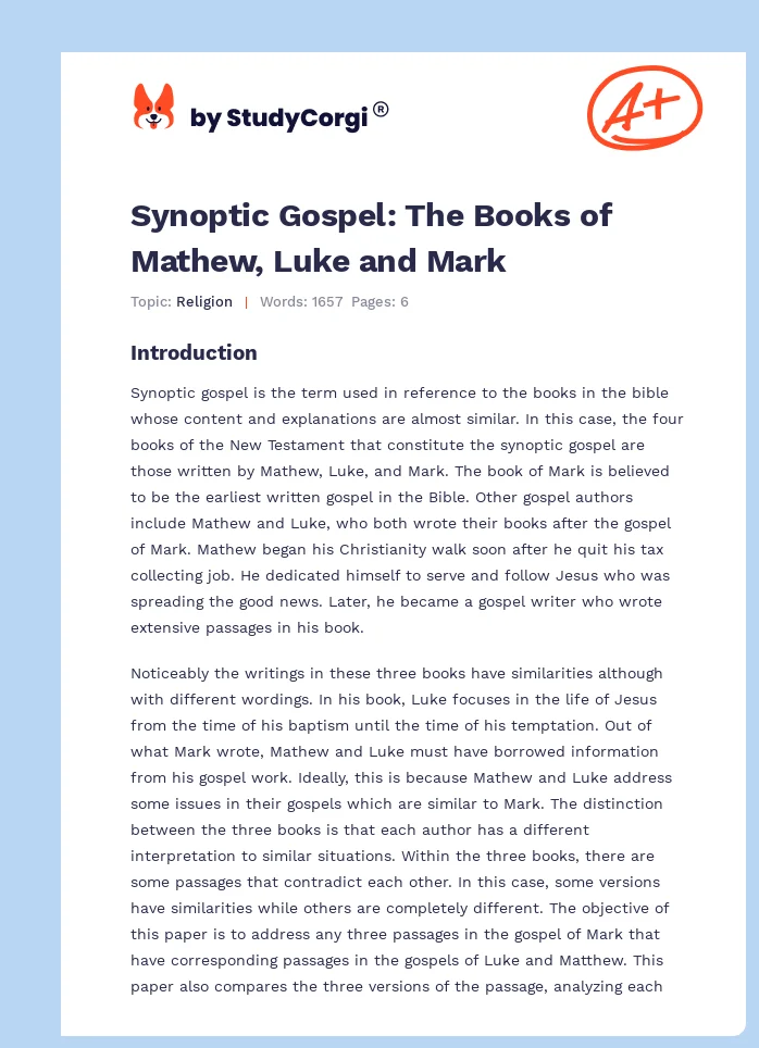 Synoptic Gospel: The Books of Mathew, Luke and Mark. Page 1