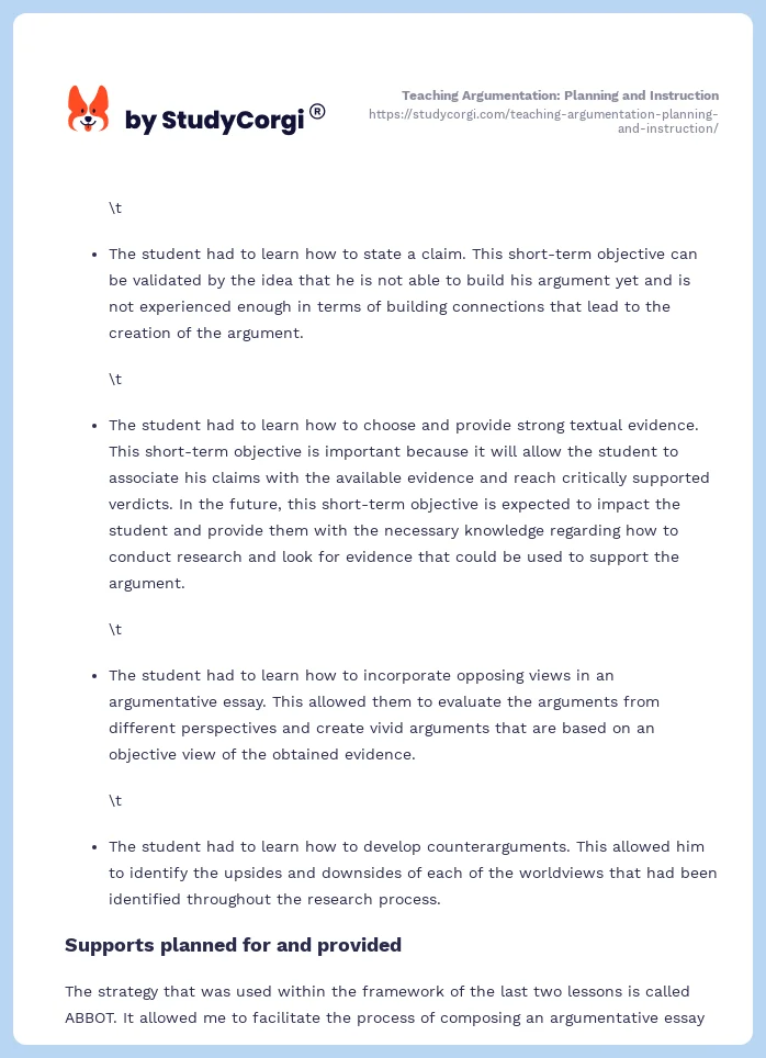 Teaching Argumentation: Planning and Instruction. Page 2