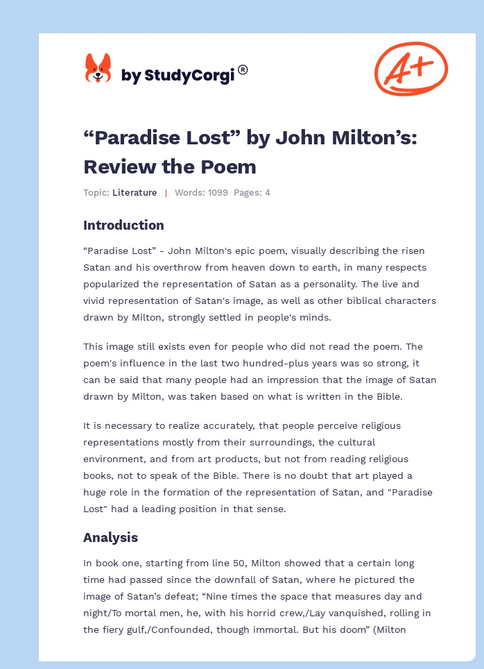 “Paradise Lost” by John Milton’s: Review the Poem. Page 1