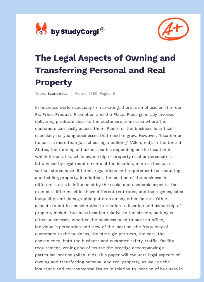 The Legal Aspects of Owning and Transferring Personal and Real Property. Page 1