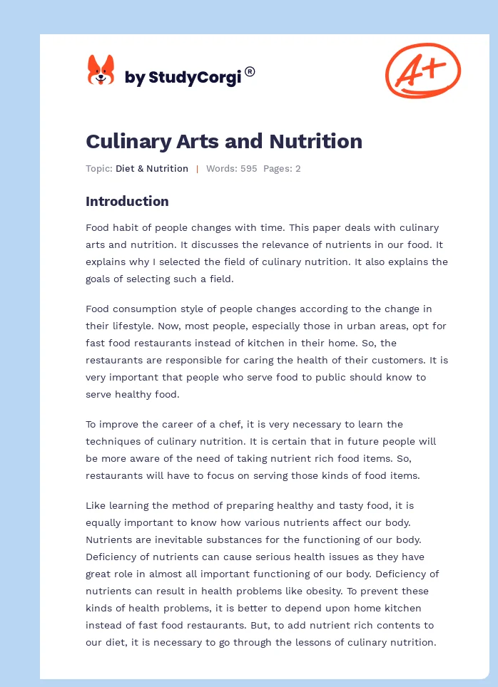 Culinary Arts and Nutrition. Page 1