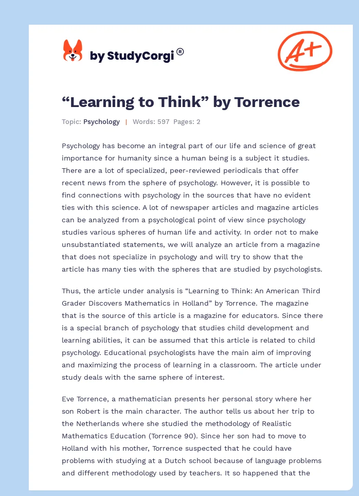 “Learning to Think” by Torrence. Page 1