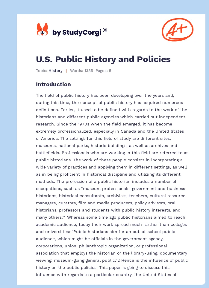 U.S. Public History and Policies. Page 1