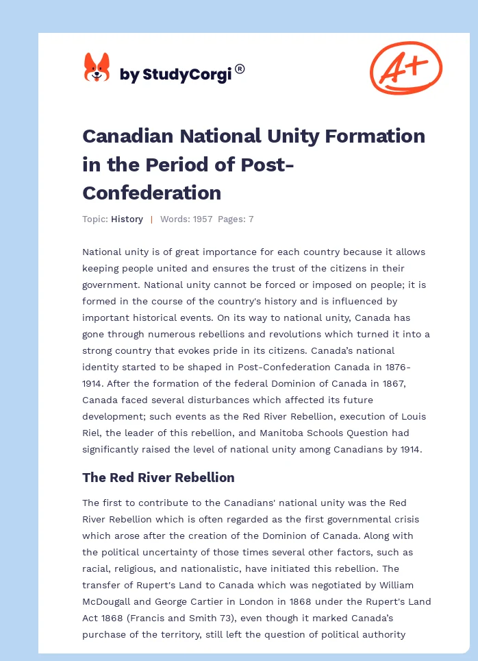 Canadian National Unity Formation in the Period of Post-Confederation. Page 1