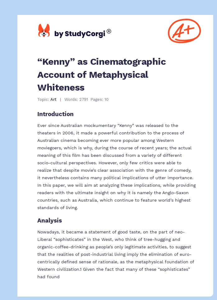 “Kenny” as Cinematographic Account of Metaphysical Whiteness. Page 1