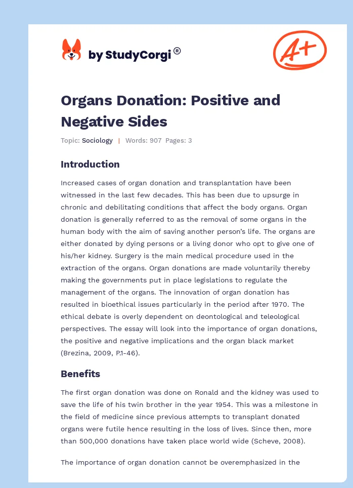 Organs Donation: Positive and Negative Sides. Page 1