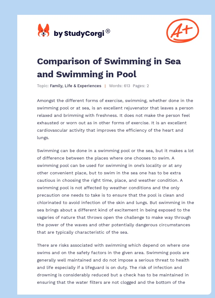 Comparison of Swimming in Sea and Swimming in Pool. Page 1