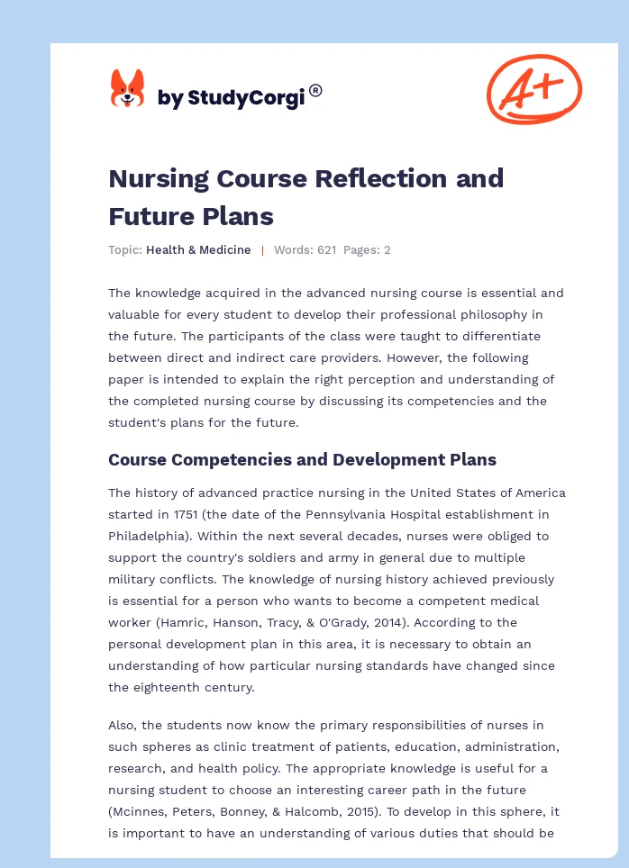Nursing Course Reflection and Future Plans. Page 1
