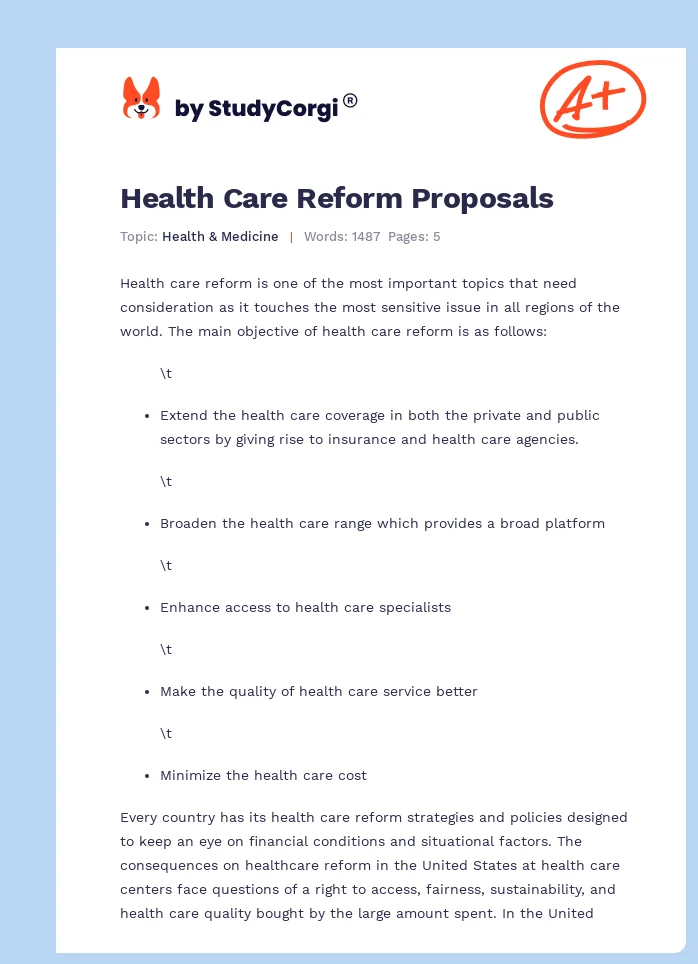 Health Care Reform Proposals. Page 1