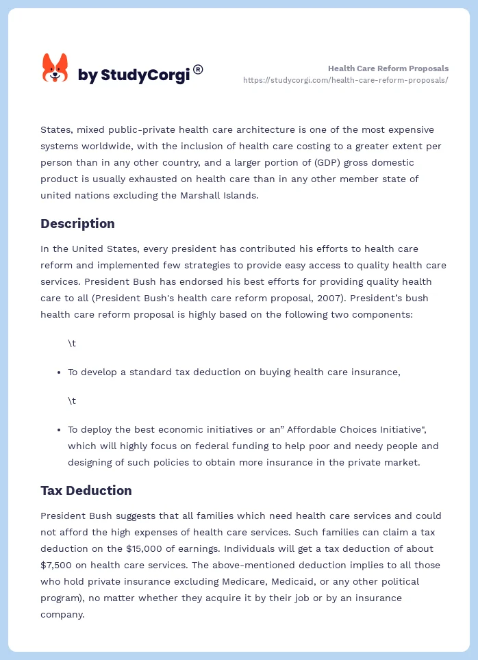 Health Care Reform Proposals. Page 2