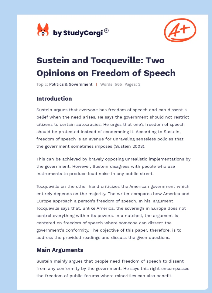 Sustein and Tocqueville: Two Opinions on Freedom of Speech. Page 1