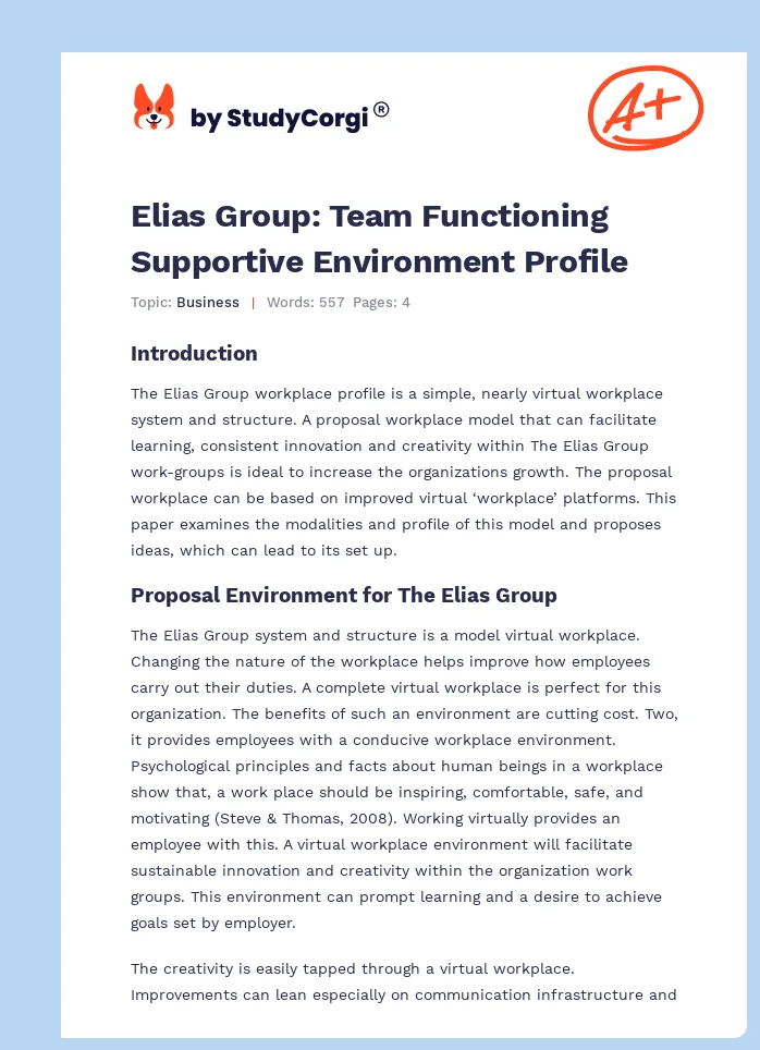 Elias Group: Team Functioning Supportive Environment Profile. Page 1