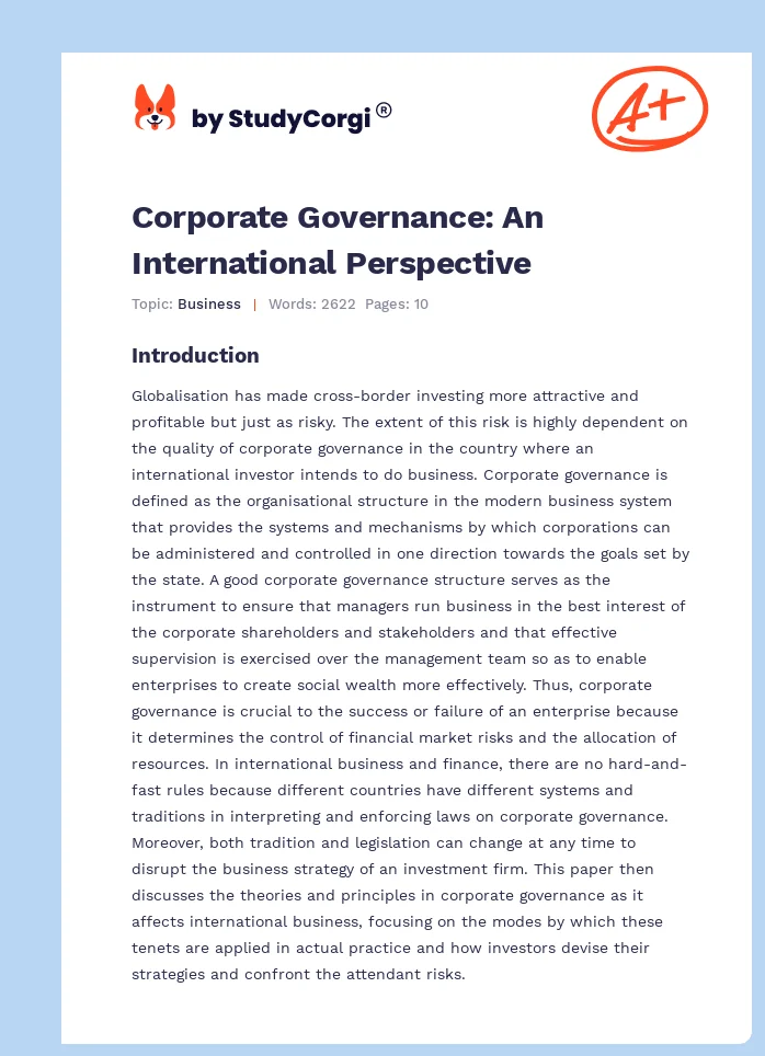 Corporate Governance: An International Perspective. Page 1