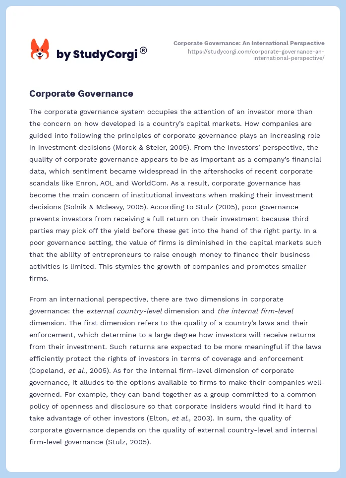 Corporate Governance: An International Perspective. Page 2