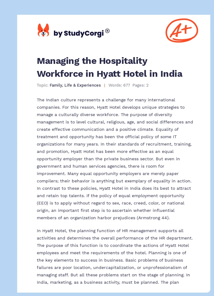 Managing the Hospitality Workforce in Hyatt Hotel in India. Page 1
