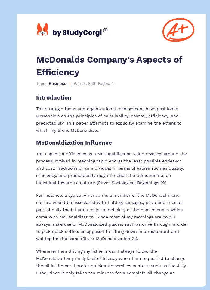 McDonalds Company's Aspects of Efficiency. Page 1