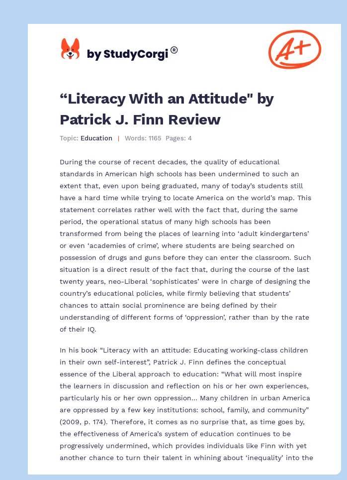 “Literacy With an Attitude" by Patrick J. Finn Review. Page 1