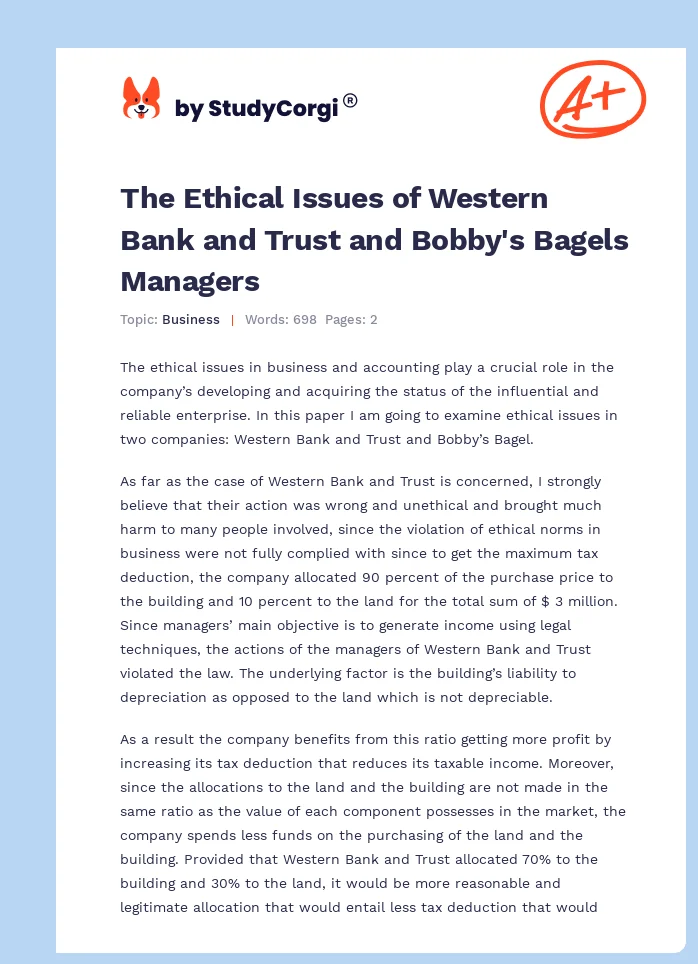 The Ethical Issues of Western Bank and Trust and Bobby's Bagels Managers. Page 1