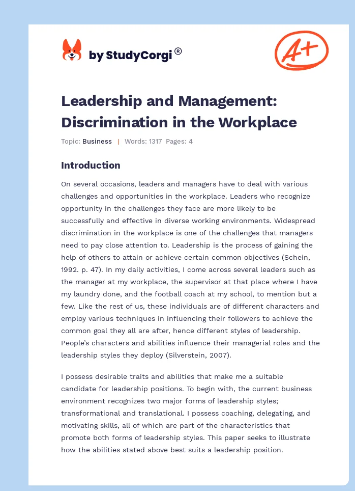 Leadership and Management: Discrimination in the Workplace. Page 1