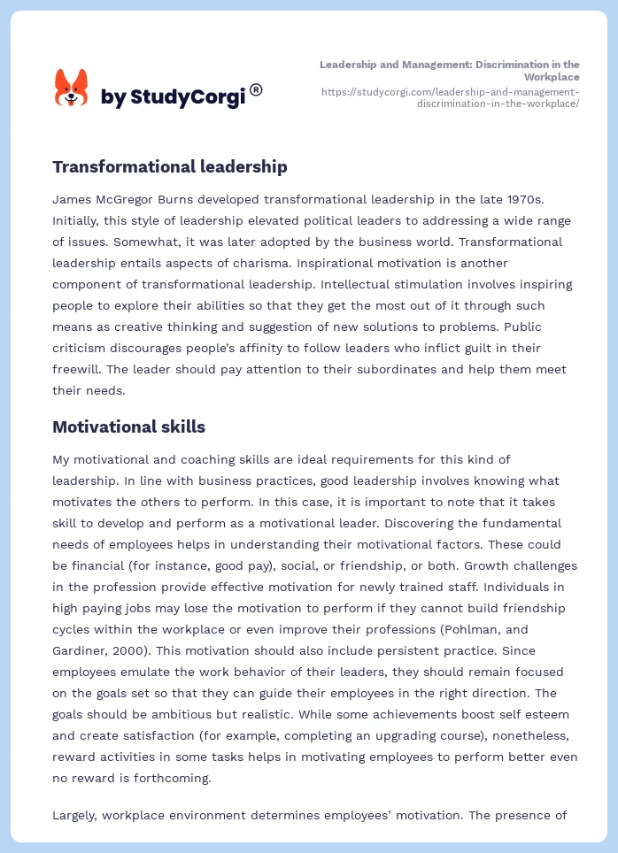 Leadership and Management: Discrimination in the Workplace. Page 2