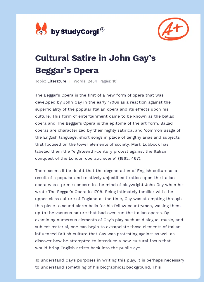Cultural Satire in John Gay’s Beggar’s Opera. Page 1