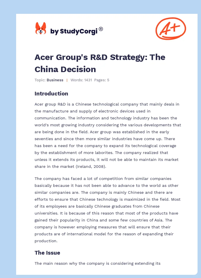 Acer Group's R&D Strategy: The China Decision. Page 1