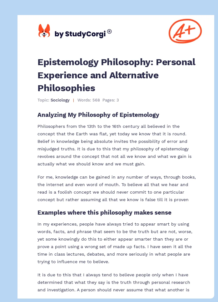 Epistemology Philosophy: Personal Experience and Alternative Philosophies. Page 1