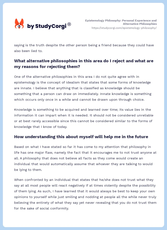 Epistemology Philosophy: Personal Experience and Alternative Philosophies. Page 2