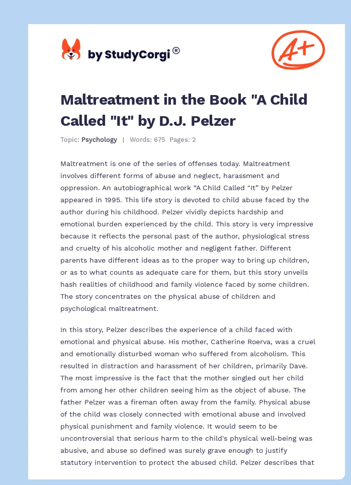 Maltreatment in the Book "A Child Called "It" by D.J. Pelzer. Page 1