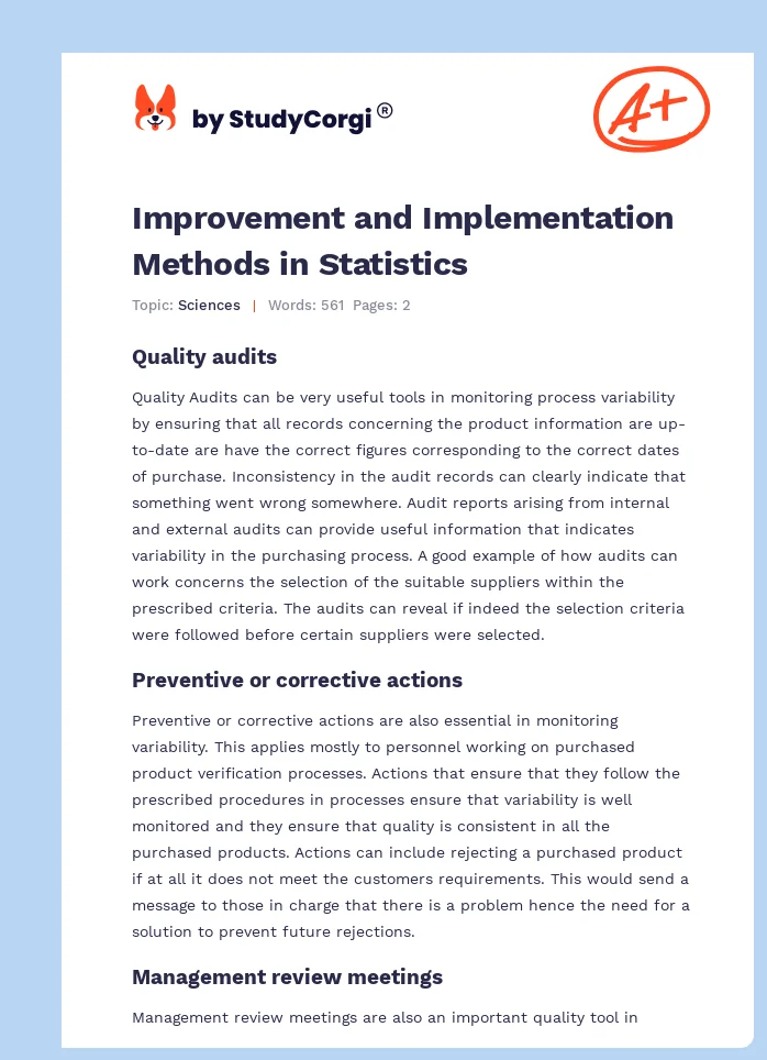 Improvement and Implementation Methods in Statistics. Page 1